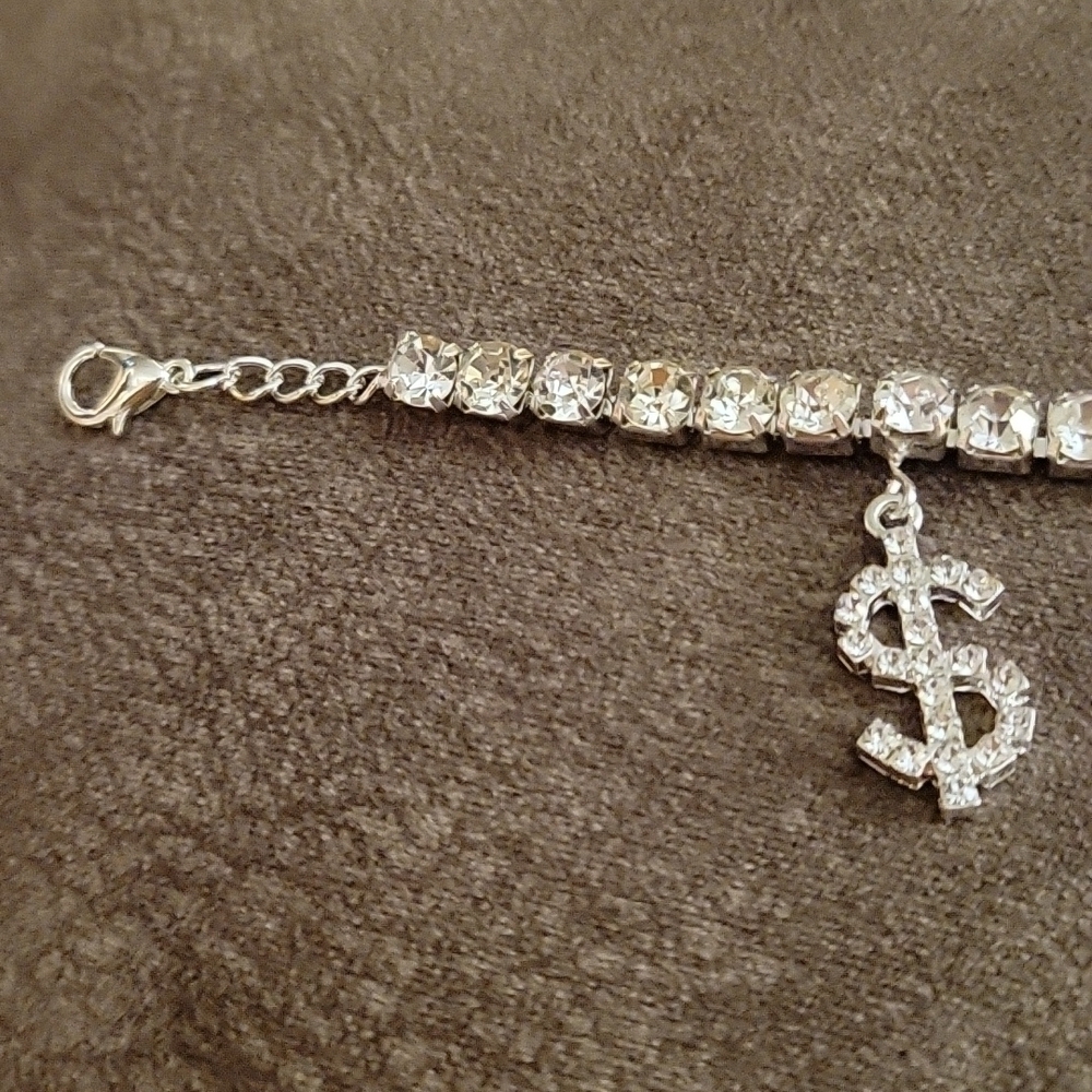 RHINESTONE Bling Dollar Sign Hip Hop Necklace Anklet Set - Picture 2 of 10